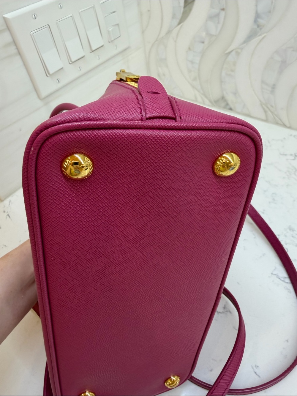Prada Magenta Saffiano Mini Pyramid Bag with Gold Hardware. Excellent pre-loved. - Picture 11 of 15
